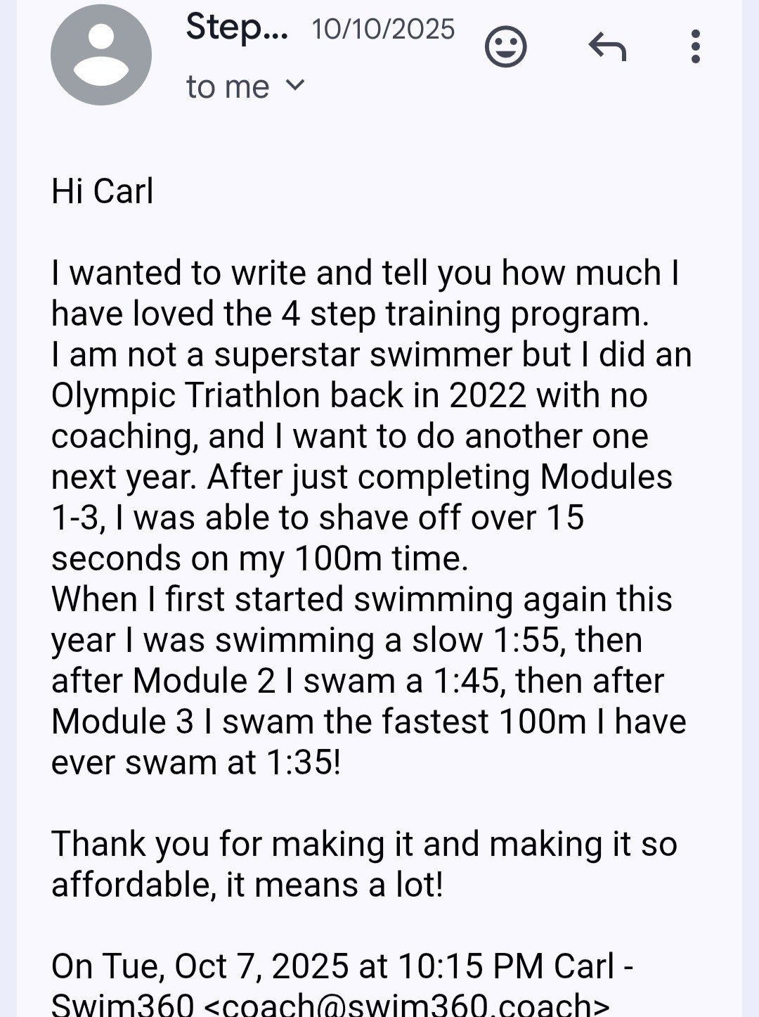 Swimmer testimonial - 1:55 to 1:35 per 100m